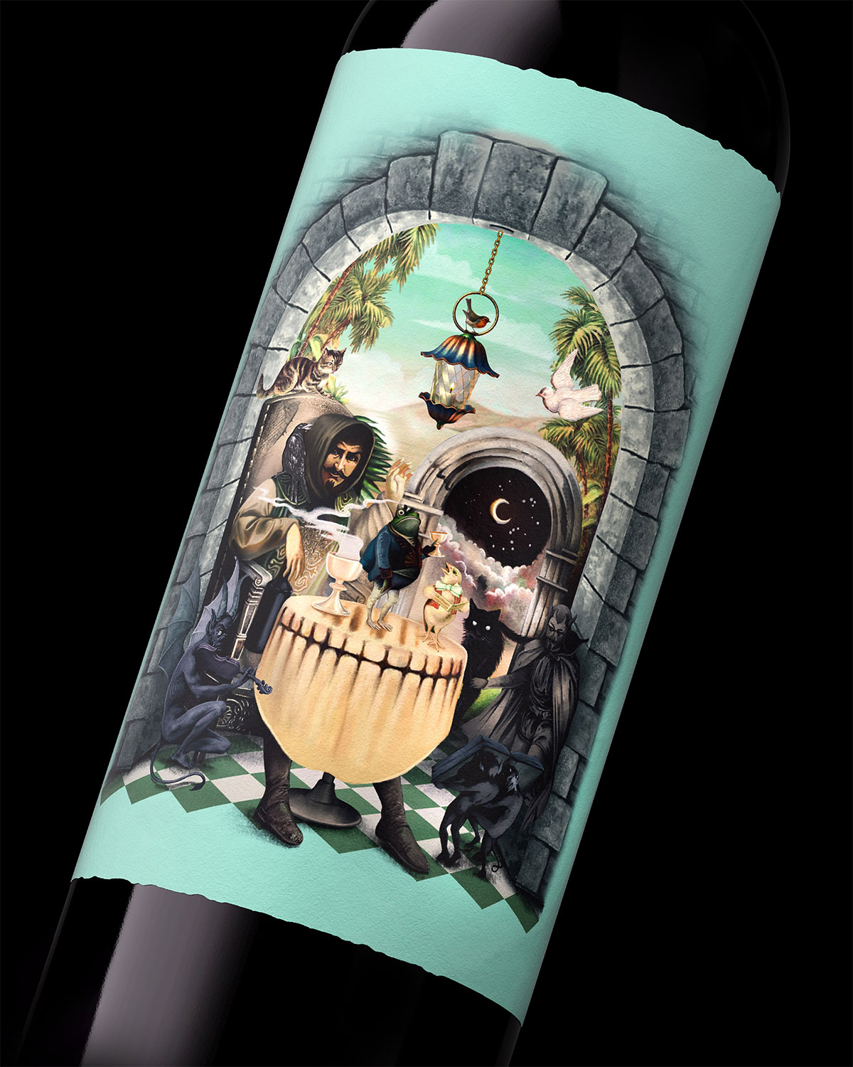 头骨森林插画的Los Invitados al Festín de Los Raros葡萄酒包装设计案例