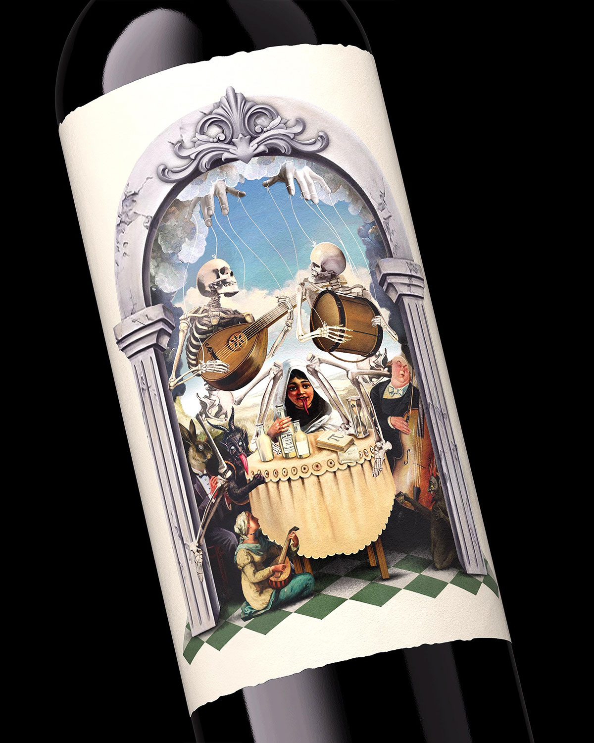 头骨森林插画的Los Invitados al Festín de Los Raros葡萄酒包装设计案例