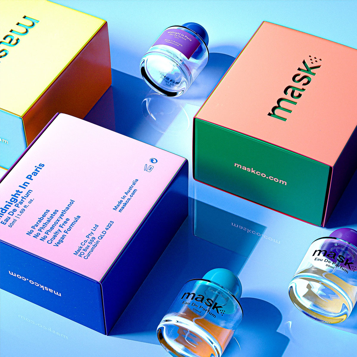 色块插画的MASK EAU DE PARFUM香水包装设计案例
